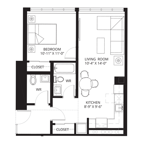 Floor plan for 1 bed, 1 bath